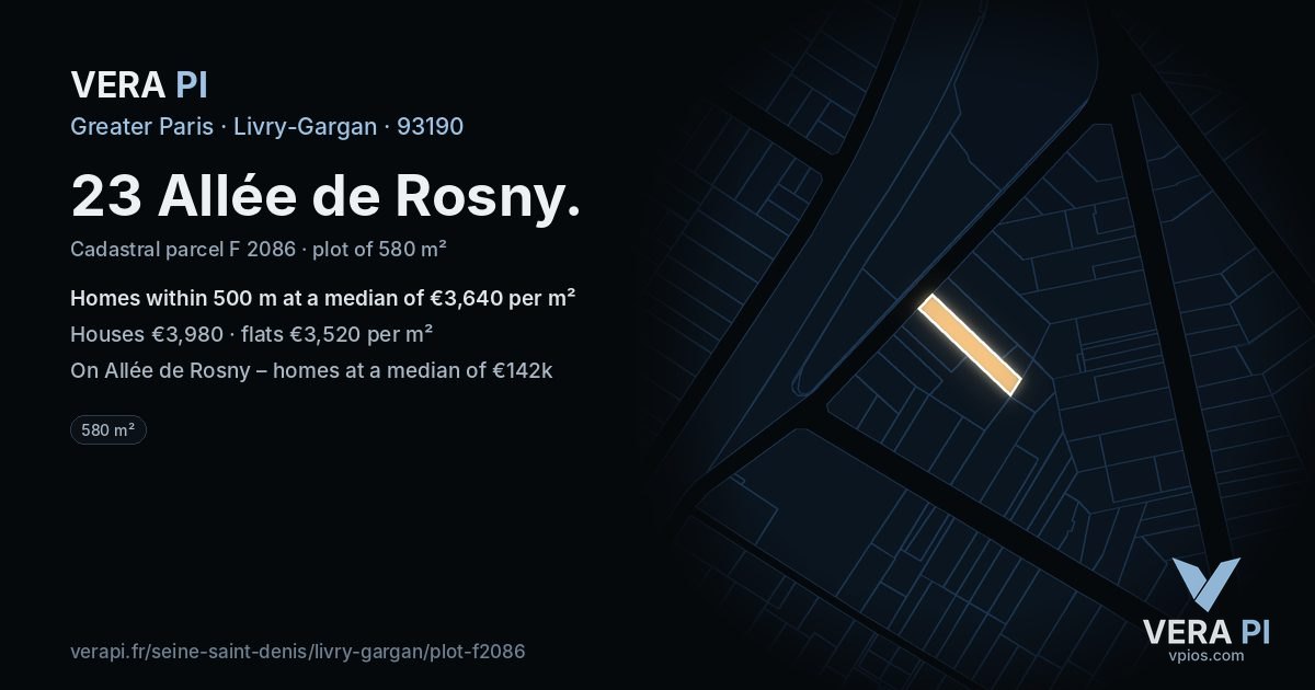 23 Allée de Rosny, Livry-Gargan at night – the plot lit, the parcels around coloured by the prices near them