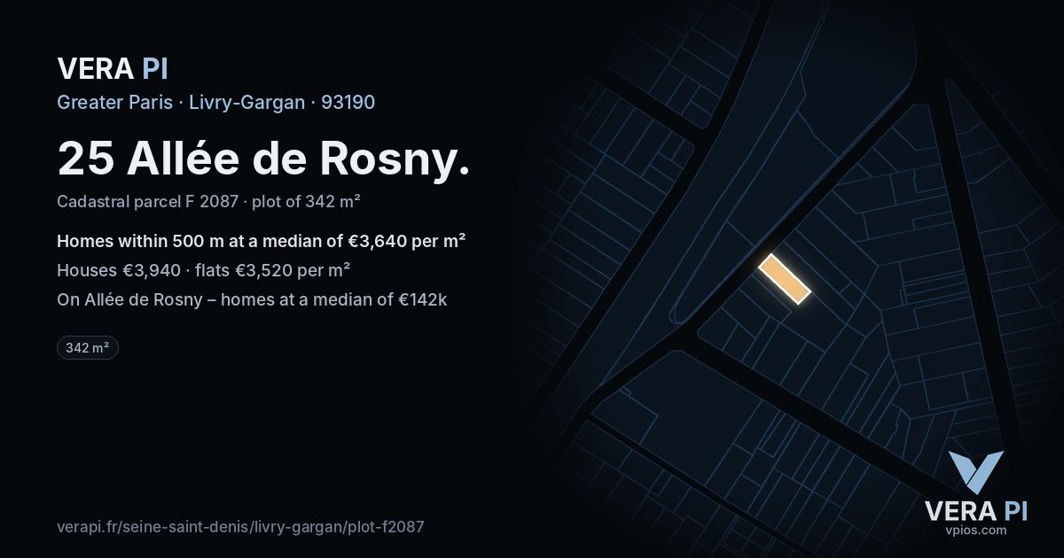 25 Allée de Rosny, Livry-Gargan at night – the plot lit, the parcels around coloured by the prices near them