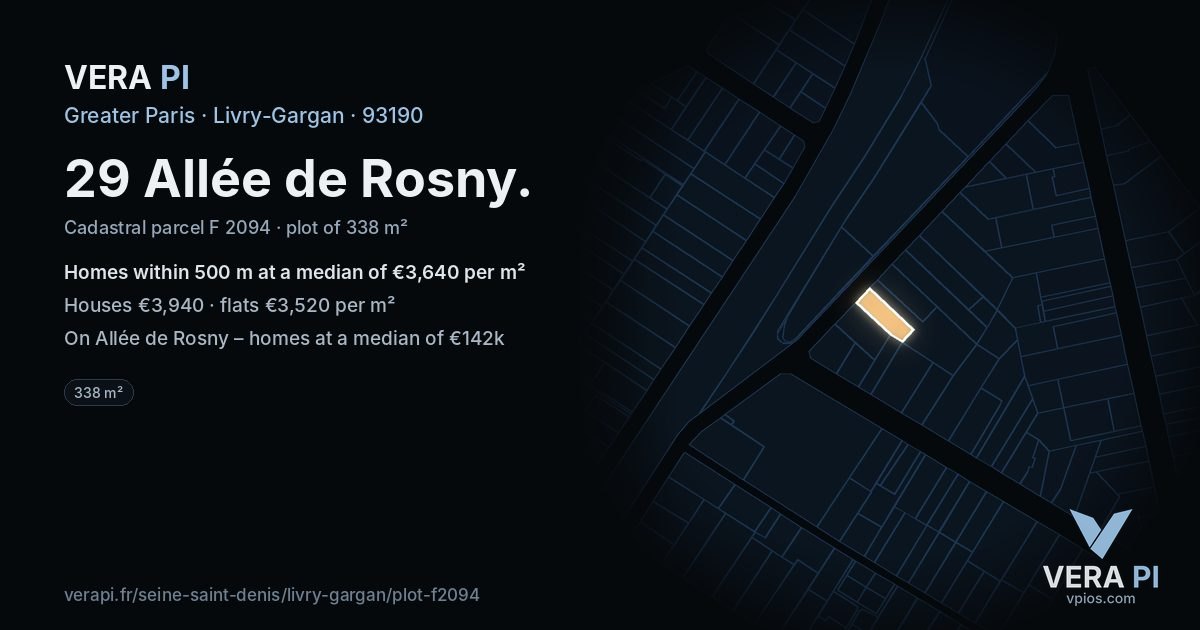 29 Allée de Rosny, Livry-Gargan at night – the plot lit, the parcels around coloured by the prices near them