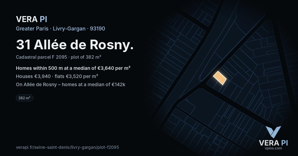 31 Allée de Rosny, Livry-Gargan at night – the plot lit, the parcels around coloured by the prices near them