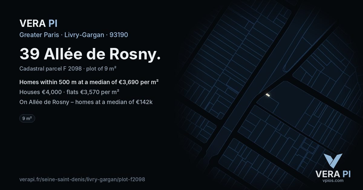 39 Allée de Rosny, Livry-Gargan at night – the plot lit, the parcels around coloured by the prices near them