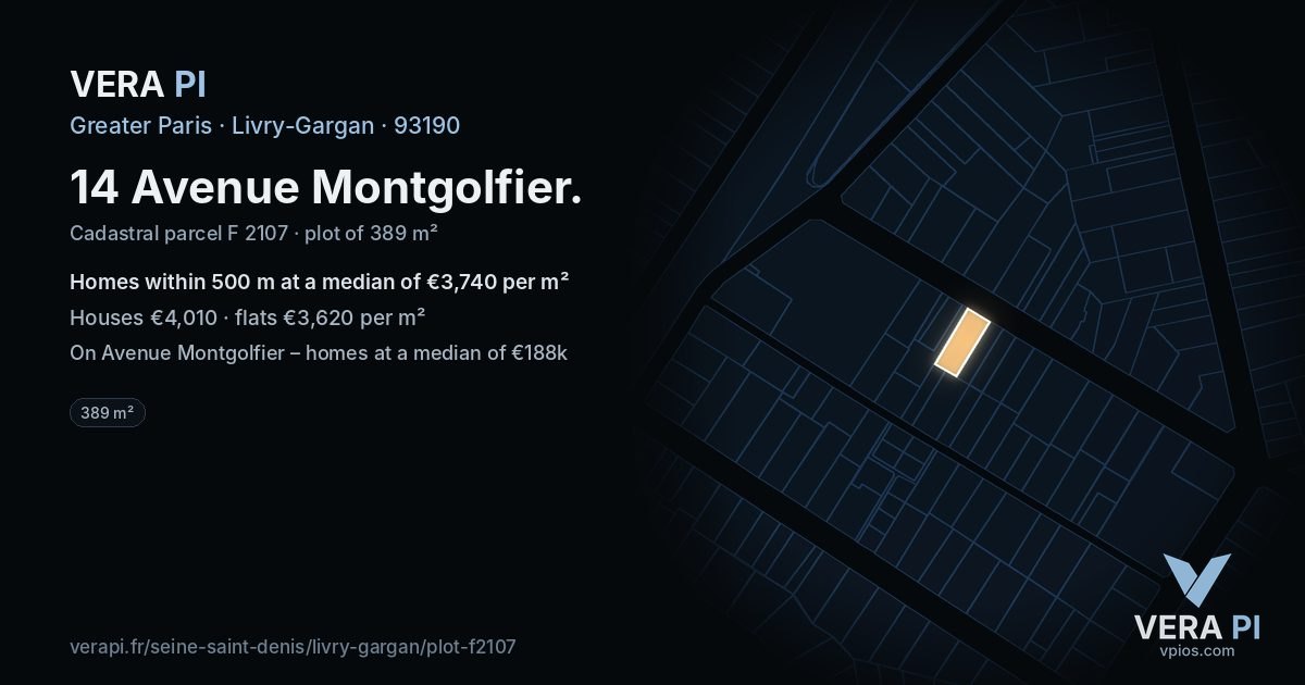 14 Avenue Montgolfier, Livry-Gargan at night – the plot lit, the parcels around coloured by the prices near them