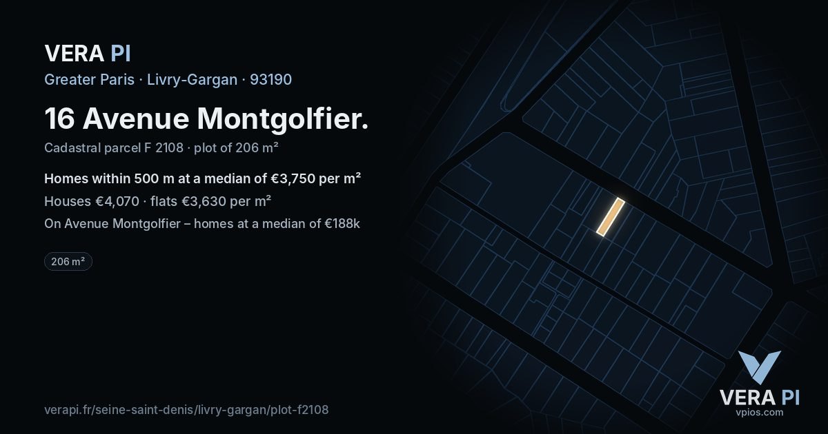 16 Avenue Montgolfier, Livry-Gargan at night – the plot lit, the parcels around coloured by the prices near them