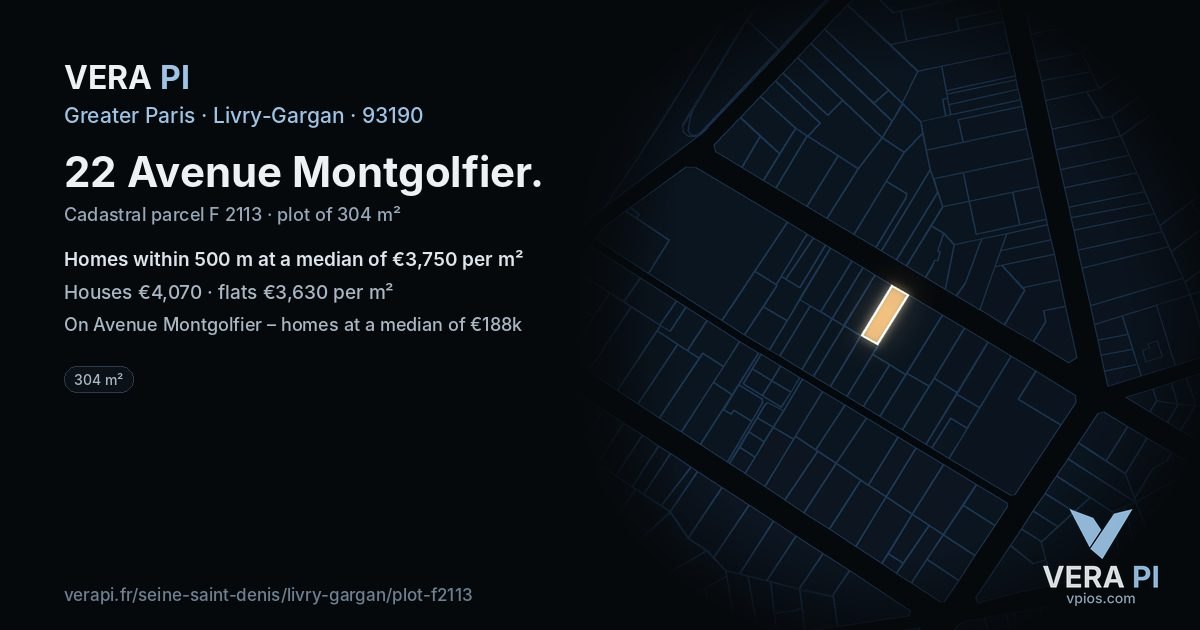 22 Avenue Montgolfier, Livry-Gargan at night – the plot lit, the parcels around coloured by the prices near them