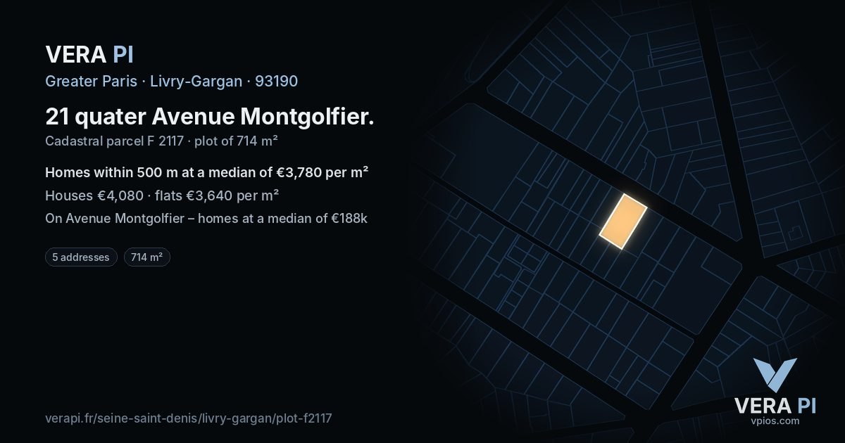 21 quater Avenue Montgolfier, Livry-Gargan at night – the plot lit, the parcels around coloured by the prices near them