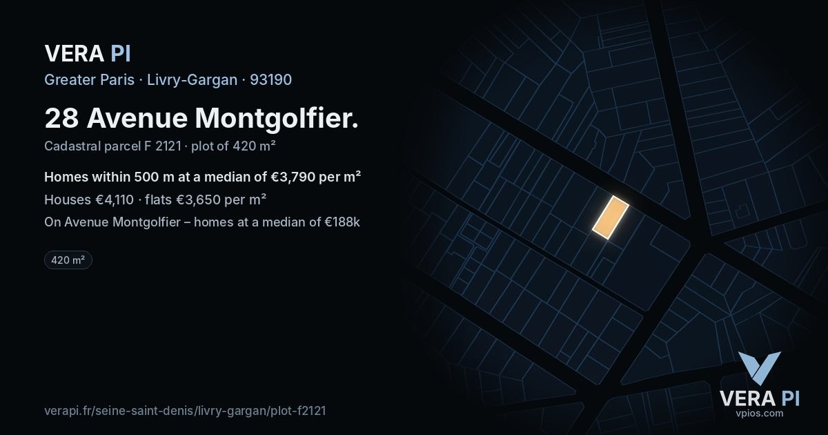 28 Avenue Montgolfier, Livry-Gargan at night – the plot lit, the parcels around coloured by the prices near them