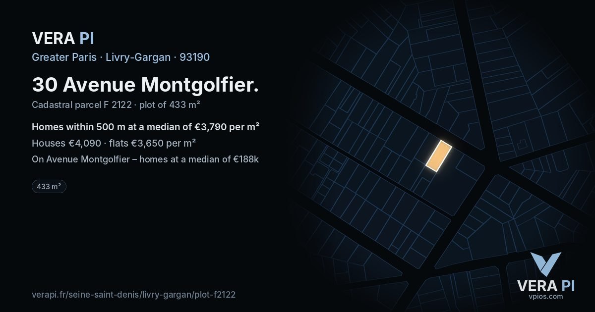 30 Avenue Montgolfier, Livry-Gargan at night – the plot lit, the parcels around coloured by the prices near them