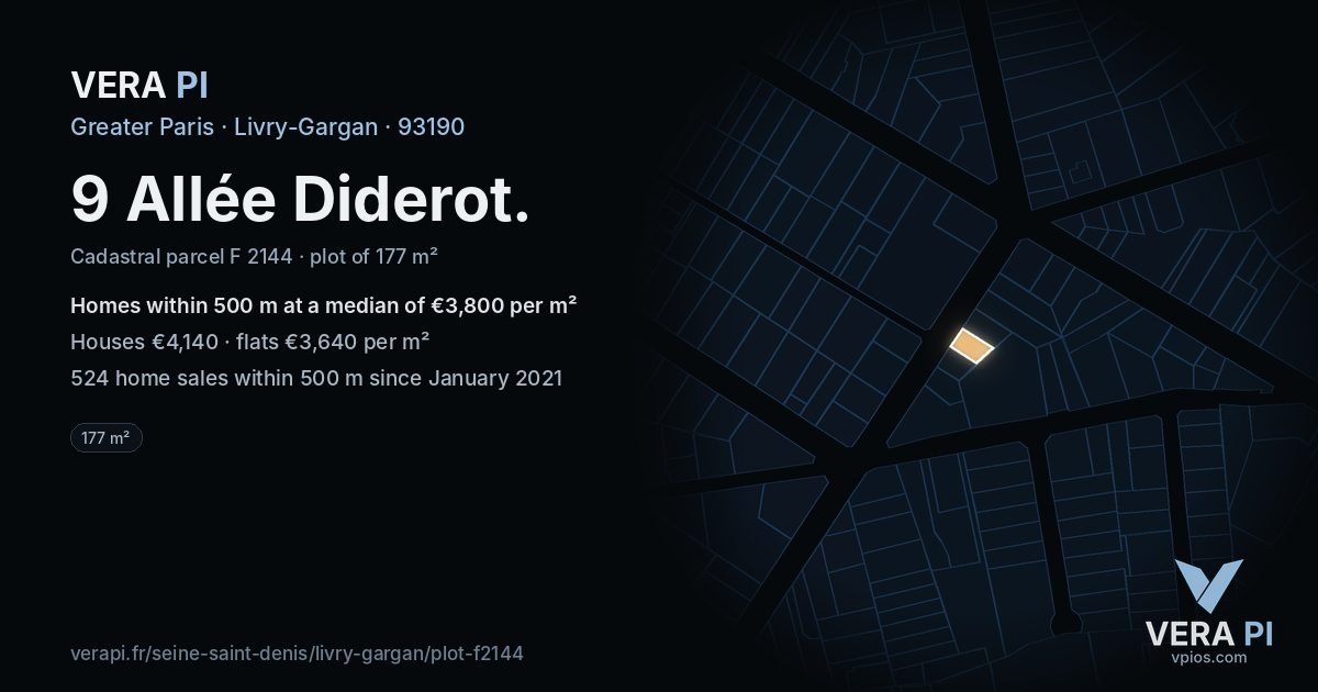 9 Allée Diderot, Livry-Gargan at night – the plot lit, the parcels around coloured by the prices near them