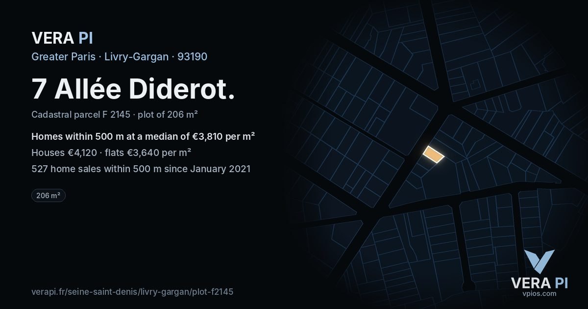 7 Allée Diderot, Livry-Gargan at night – the plot lit, the parcels around coloured by the prices near them