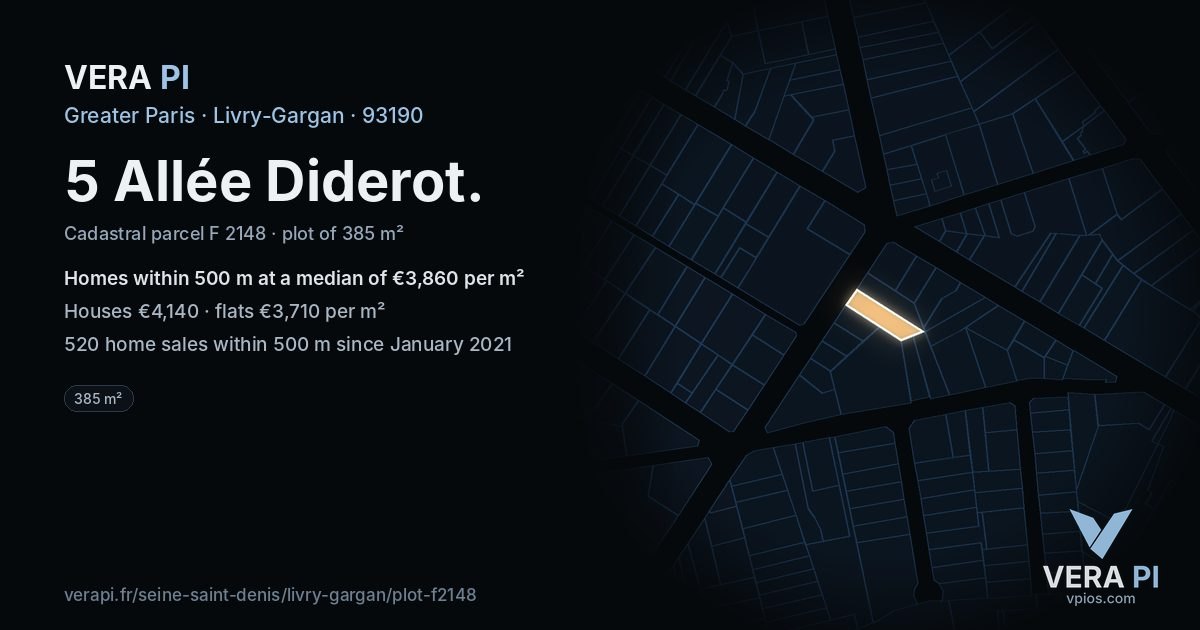 5 Allée Diderot, Livry-Gargan at night – the plot lit, the parcels around coloured by the prices near them