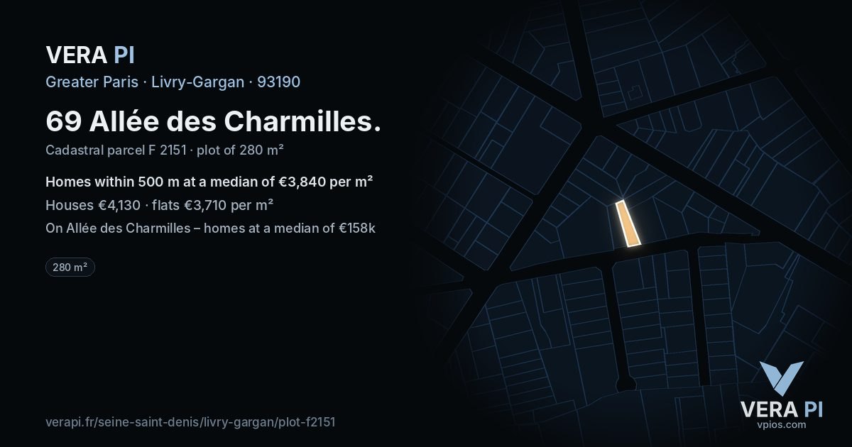 69 Allée des Charmilles, Livry-Gargan at night – the plot lit, the parcels around coloured by the prices near them