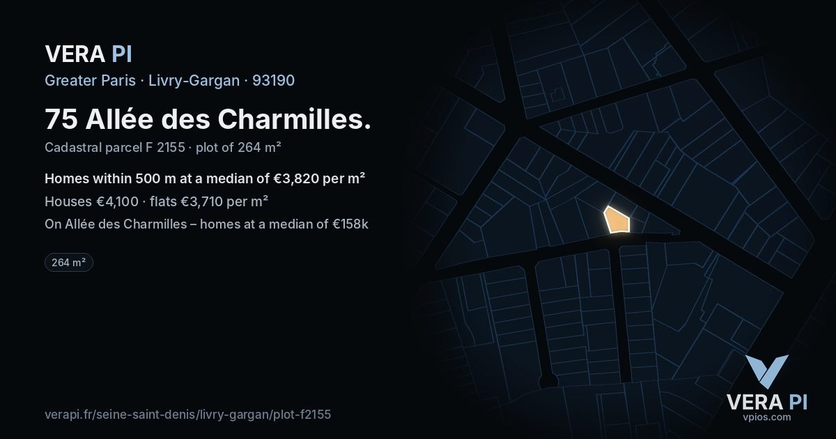 75 Allée des Charmilles, Livry-Gargan at night – the plot lit, the parcels around coloured by the prices near them