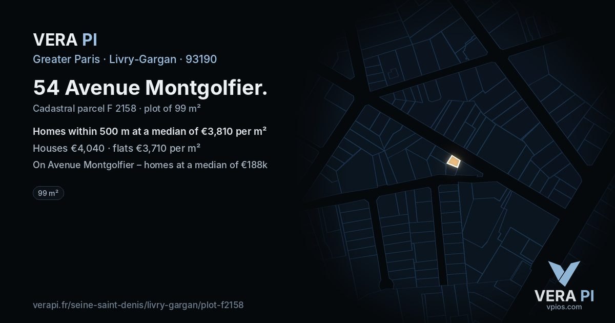 54 Avenue Montgolfier, Livry-Gargan at night – the plot lit, the parcels around coloured by the prices near them