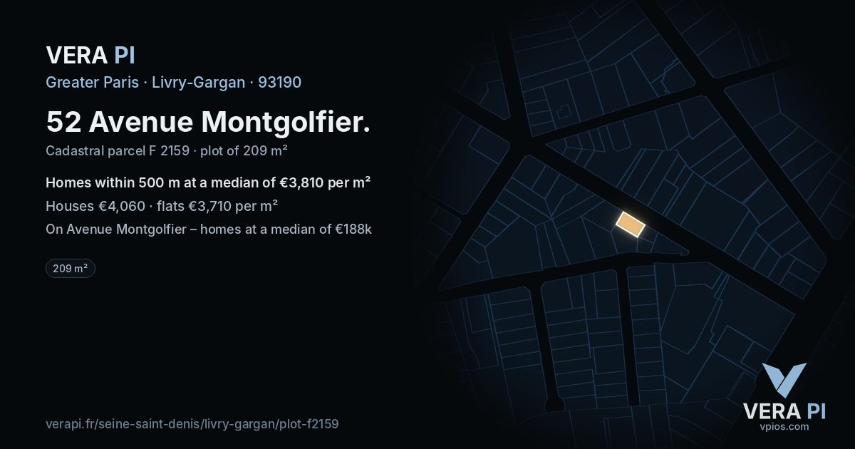 52 Avenue Montgolfier, Livry-Gargan at night – the plot lit, the parcels around coloured by the prices near them