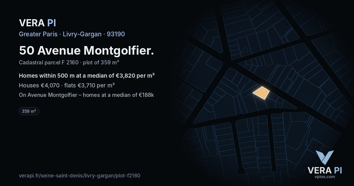 50 Avenue Montgolfier, Livry-Gargan at night – the plot lit, the parcels around coloured by the prices near them