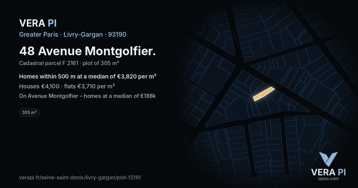 48 Avenue Montgolfier, Livry-Gargan at night – the plot lit, the parcels around coloured by the prices near them