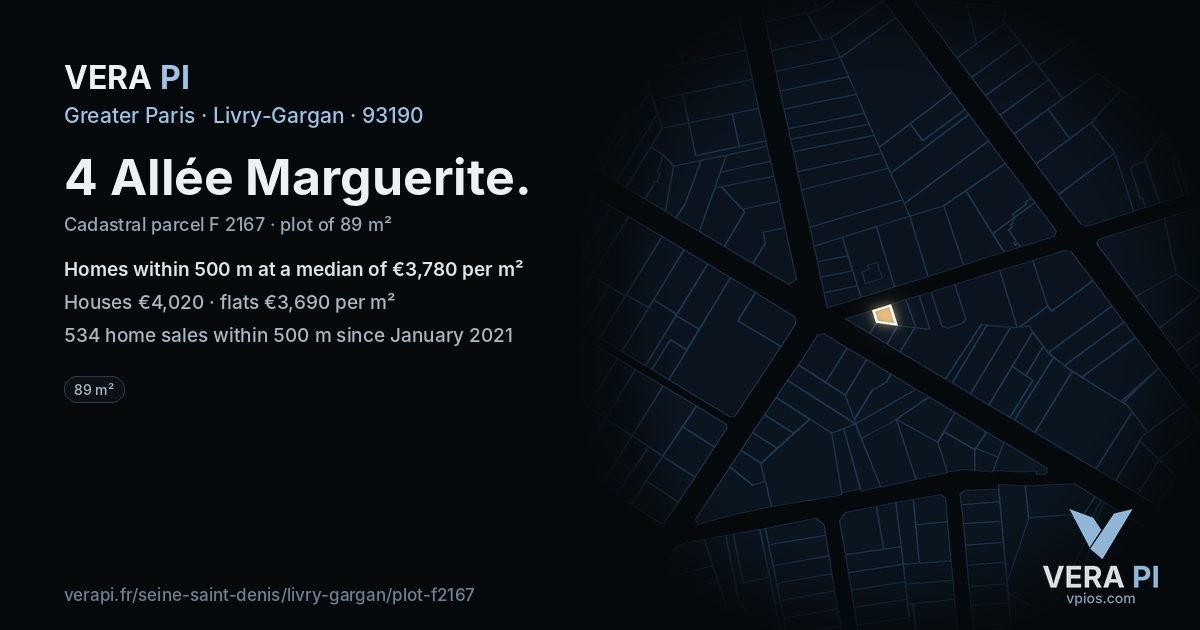 4 Allée Marguerite, Livry-Gargan at night – the plot lit, the parcels around coloured by the prices near them