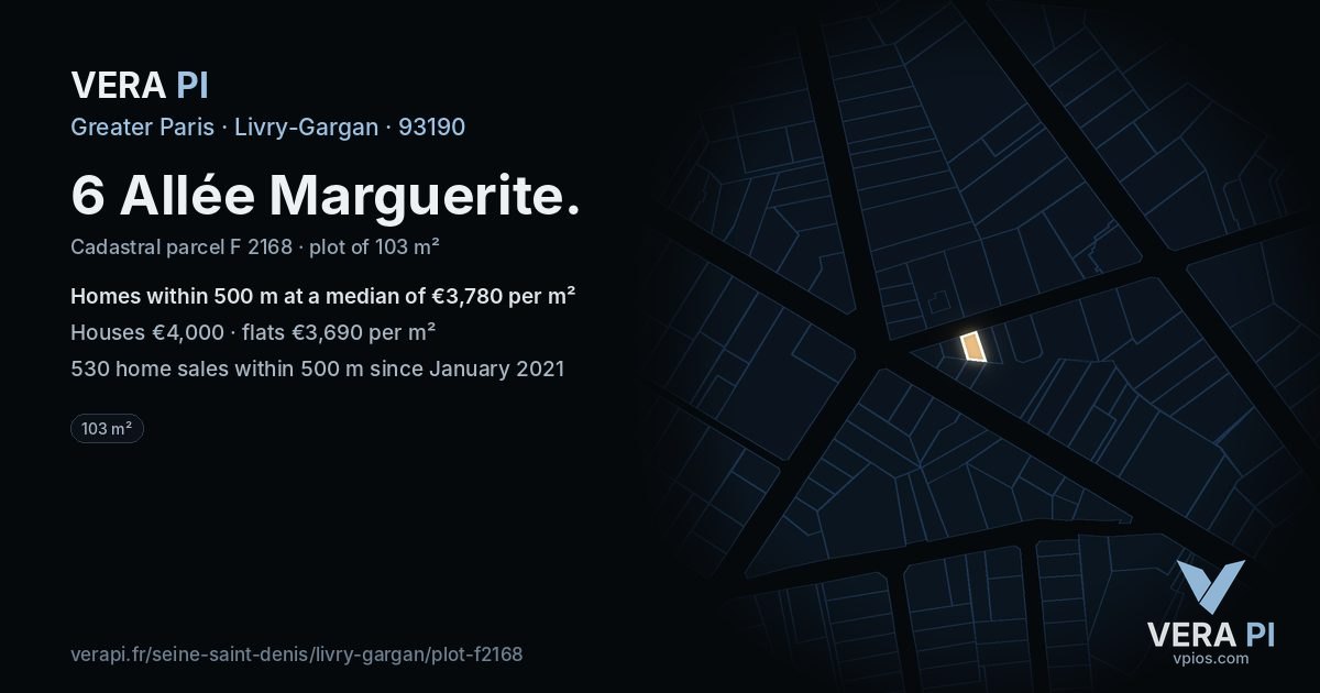 6 Allée Marguerite, Livry-Gargan at night – the plot lit, the parcels around coloured by the prices near them