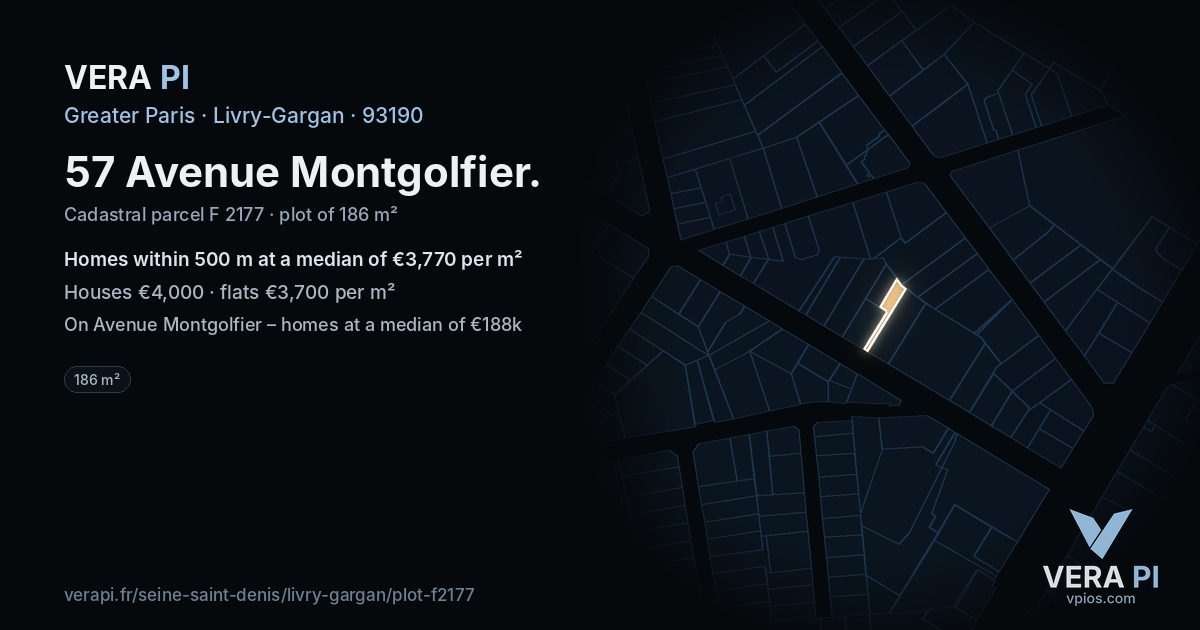 57 Avenue Montgolfier, Livry-Gargan at night – the plot lit, the parcels around coloured by the prices near them