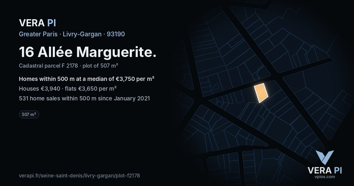 16 Allée Marguerite, Livry-Gargan at night – the plot lit, the parcels around coloured by the prices near them