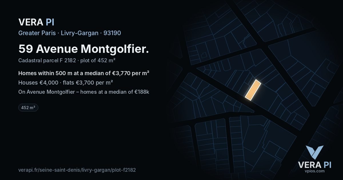 59 Avenue Montgolfier, Livry-Gargan at night – the plot lit, the parcels around coloured by the prices near them