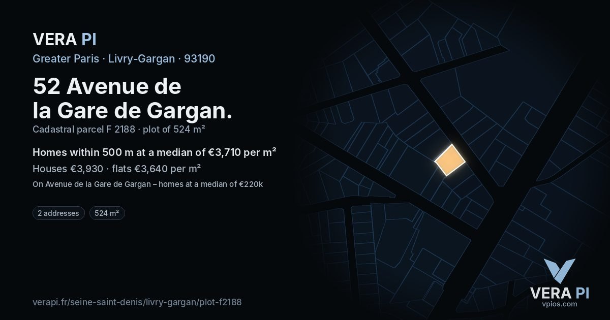 52 Avenue de la Gare de Gargan, Livry-Gargan at night – the plot lit, the parcels around coloured by the prices near them