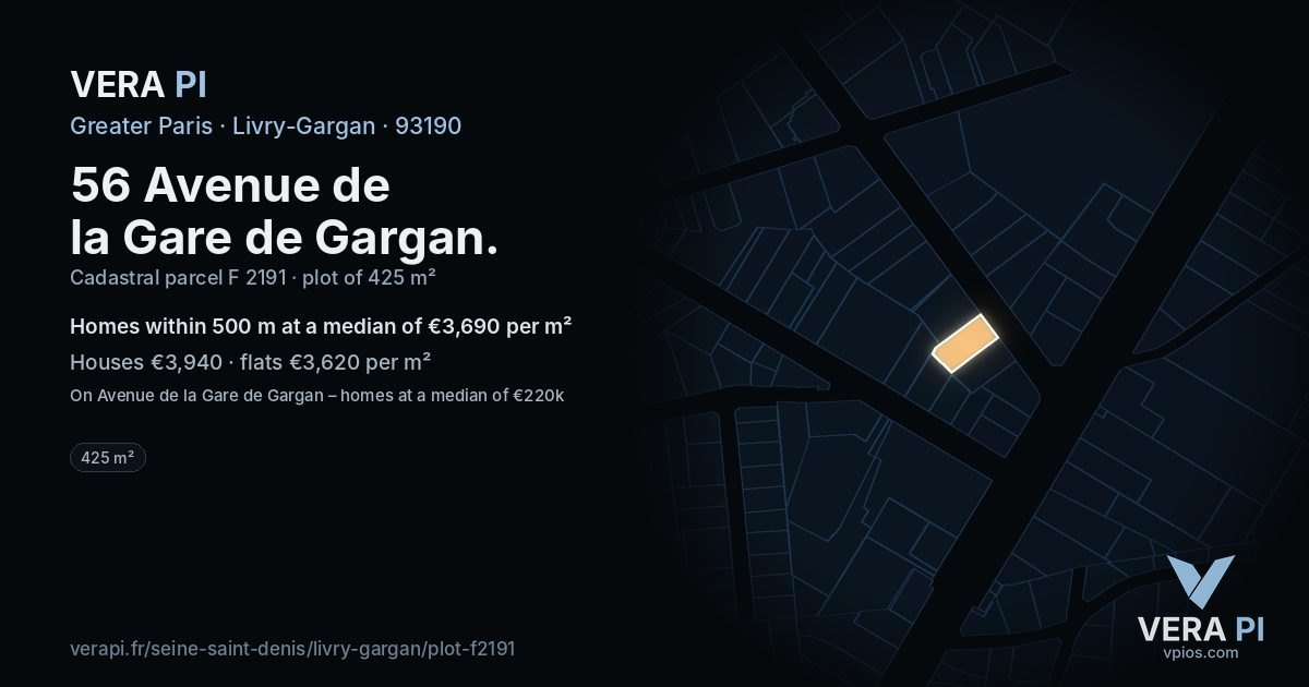 56 Avenue de la Gare de Gargan, Livry-Gargan at night – the plot lit, the parcels around coloured by the prices near them