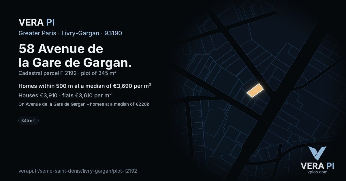 58 Avenue de la Gare de Gargan, Livry-Gargan at night – the plot lit, the parcels around coloured by the prices near them