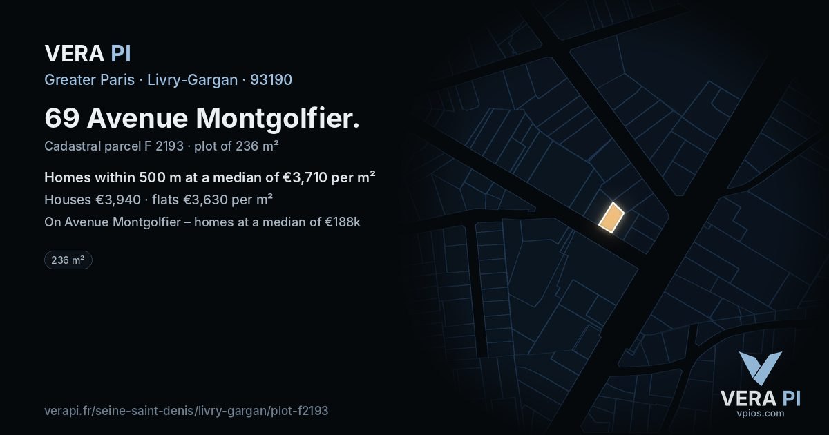 69 Avenue Montgolfier, Livry-Gargan at night – the plot lit, the parcels around coloured by the prices near them