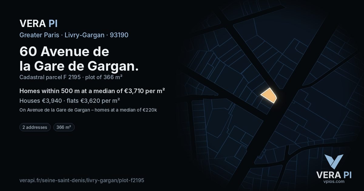 60 Avenue de la Gare de Gargan, Livry-Gargan at night – the plot lit, the parcels around coloured by the prices near them