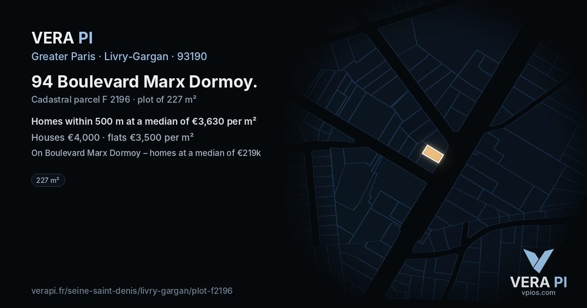 94 Boulevard Marx Dormoy, Livry-Gargan at night – the plot lit, the parcels around coloured by the prices near them