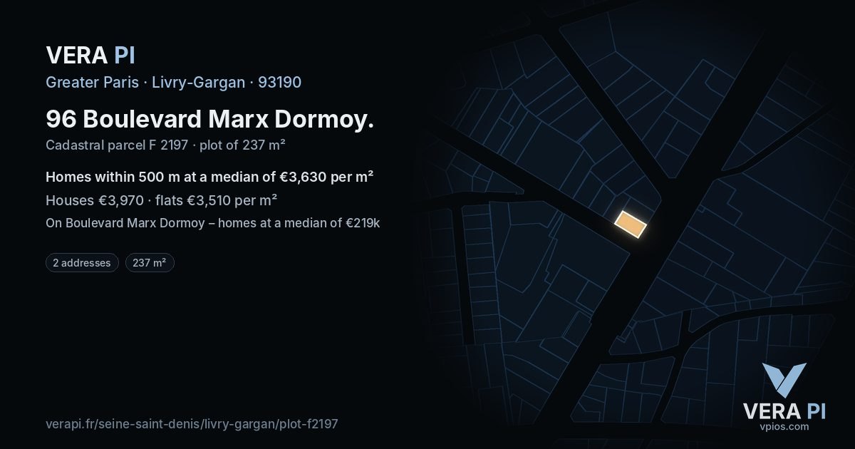 96 Boulevard Marx Dormoy, Livry-Gargan at night – the plot lit, the parcels around coloured by the prices near them