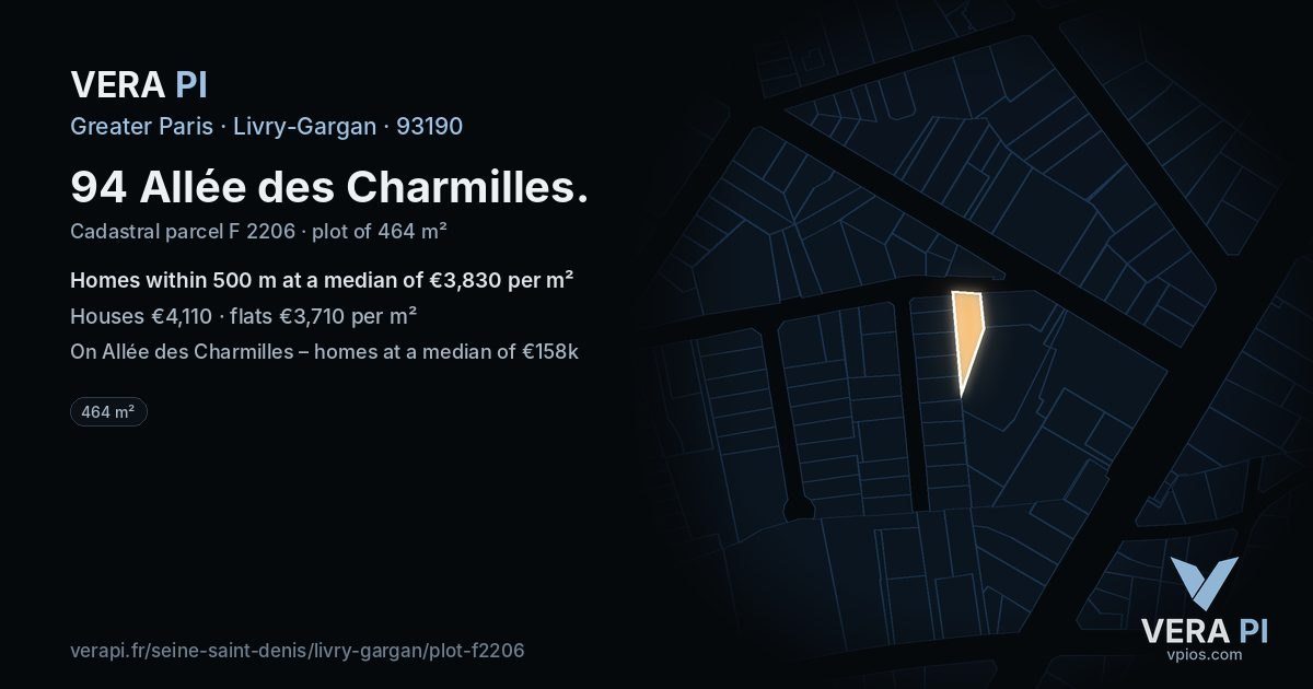 94 Allée des Charmilles, Livry-Gargan at night – the plot lit, the parcels around coloured by the prices near them