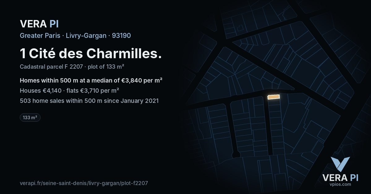 1 Cité des Charmilles, Livry-Gargan at night – the plot lit, the parcels around coloured by the prices near them