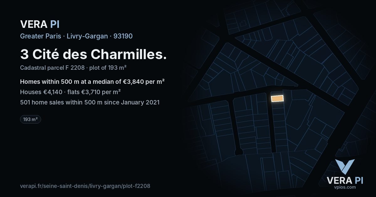 3 Cité des Charmilles, Livry-Gargan at night – the plot lit, the parcels around coloured by the prices near them