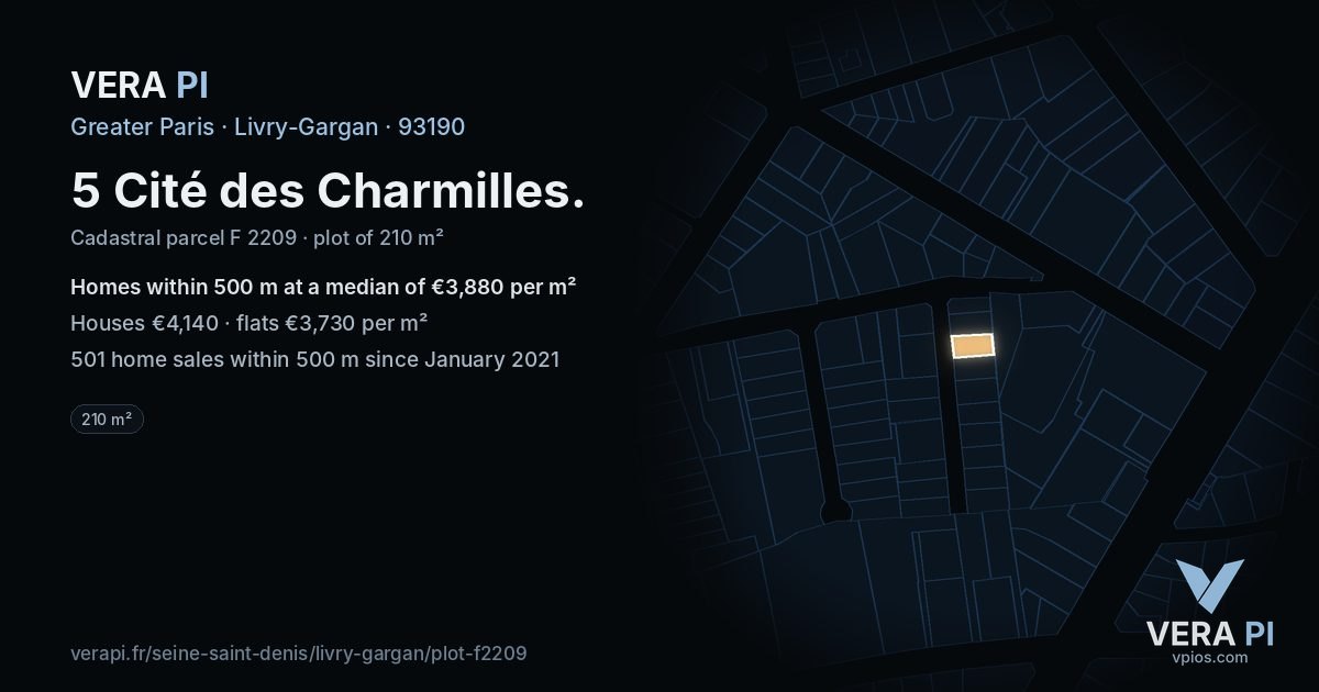 5 Cité des Charmilles, Livry-Gargan at night – the plot lit, the parcels around coloured by the prices near them
