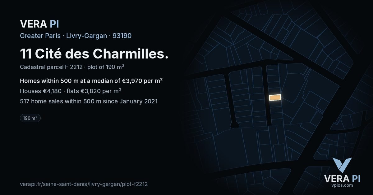 11 Cité des Charmilles, Livry-Gargan at night – the plot lit, the parcels around coloured by the prices near them