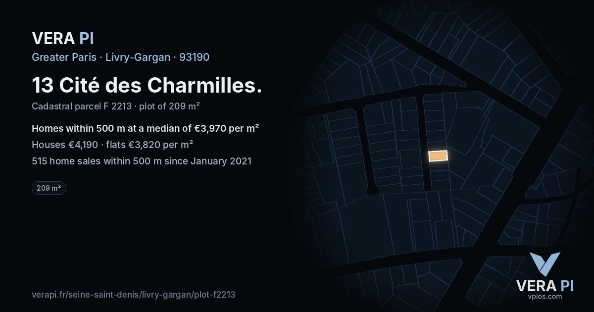 13 Cité des Charmilles, Livry-Gargan at night – the plot lit, the parcels around coloured by the prices near them