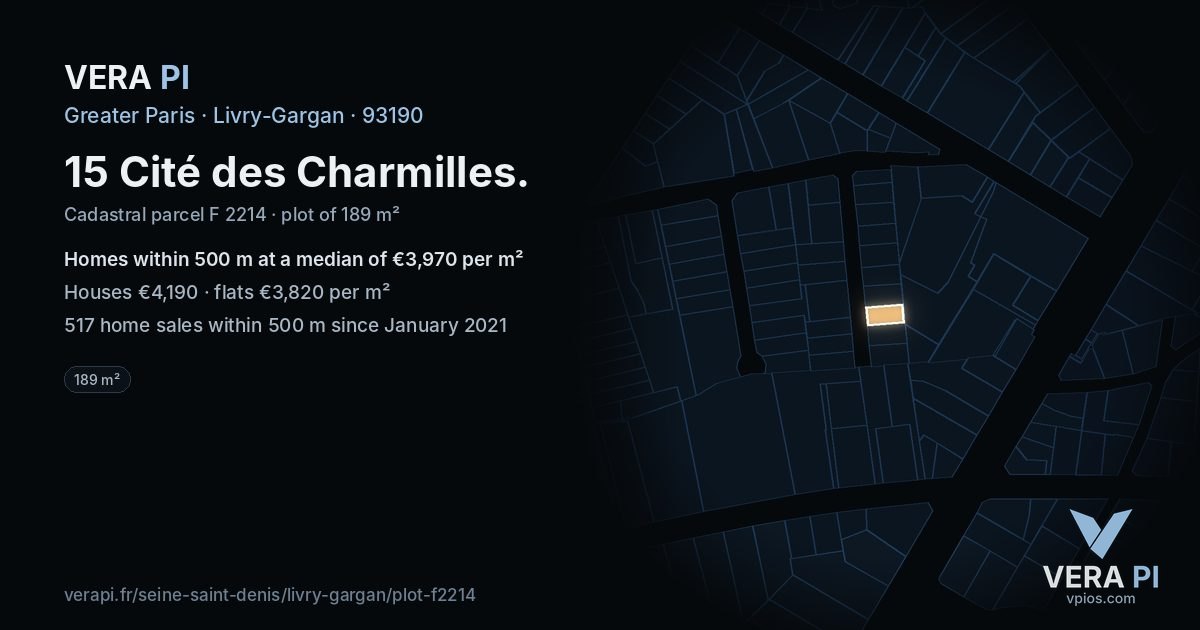 15 Cité des Charmilles, Livry-Gargan at night – the plot lit, the parcels around coloured by the prices near them