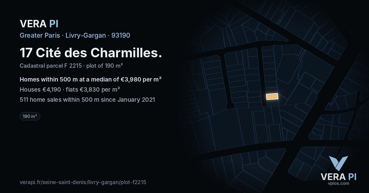 17 Cité des Charmilles, Livry-Gargan at night – the plot lit, the parcels around coloured by the prices near them