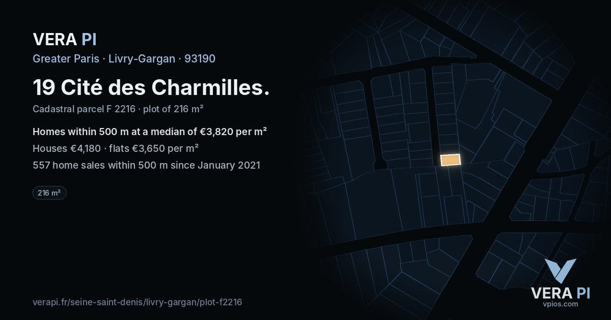 19 Cité des Charmilles, Livry-Gargan at night – the plot lit, the parcels around coloured by the prices near them