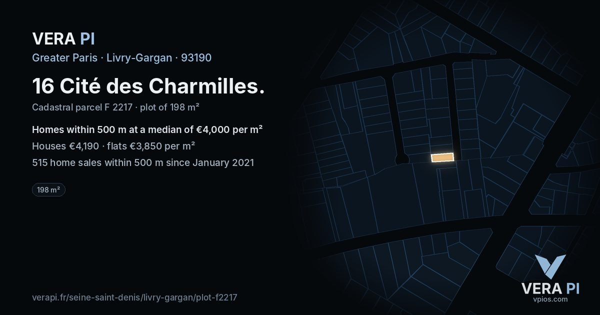16 Cité des Charmilles, Livry-Gargan at night – the plot lit, the parcels around coloured by the prices near them