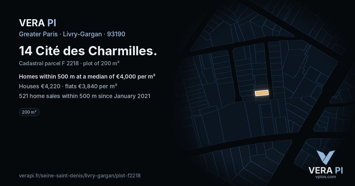 14 Cité des Charmilles, Livry-Gargan at night – the plot lit, the parcels around coloured by the prices near them