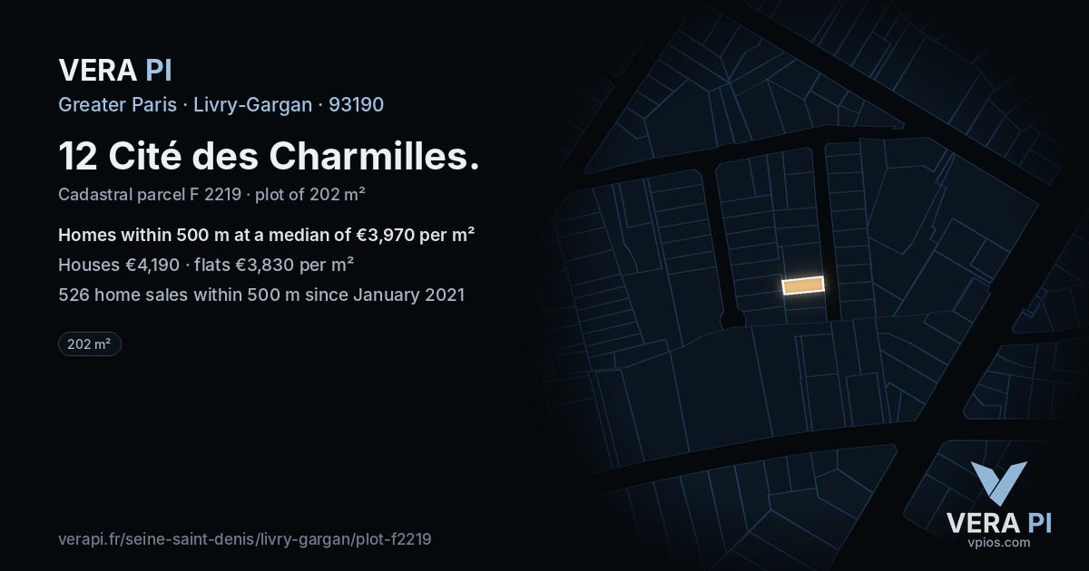 12 Cité des Charmilles, Livry-Gargan at night – the plot lit, the parcels around coloured by the prices near them