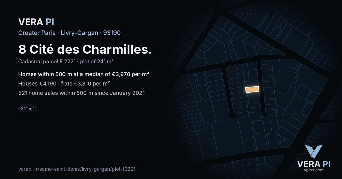 8 Cité des Charmilles, Livry-Gargan at night – the plot lit, the parcels around coloured by the prices near them