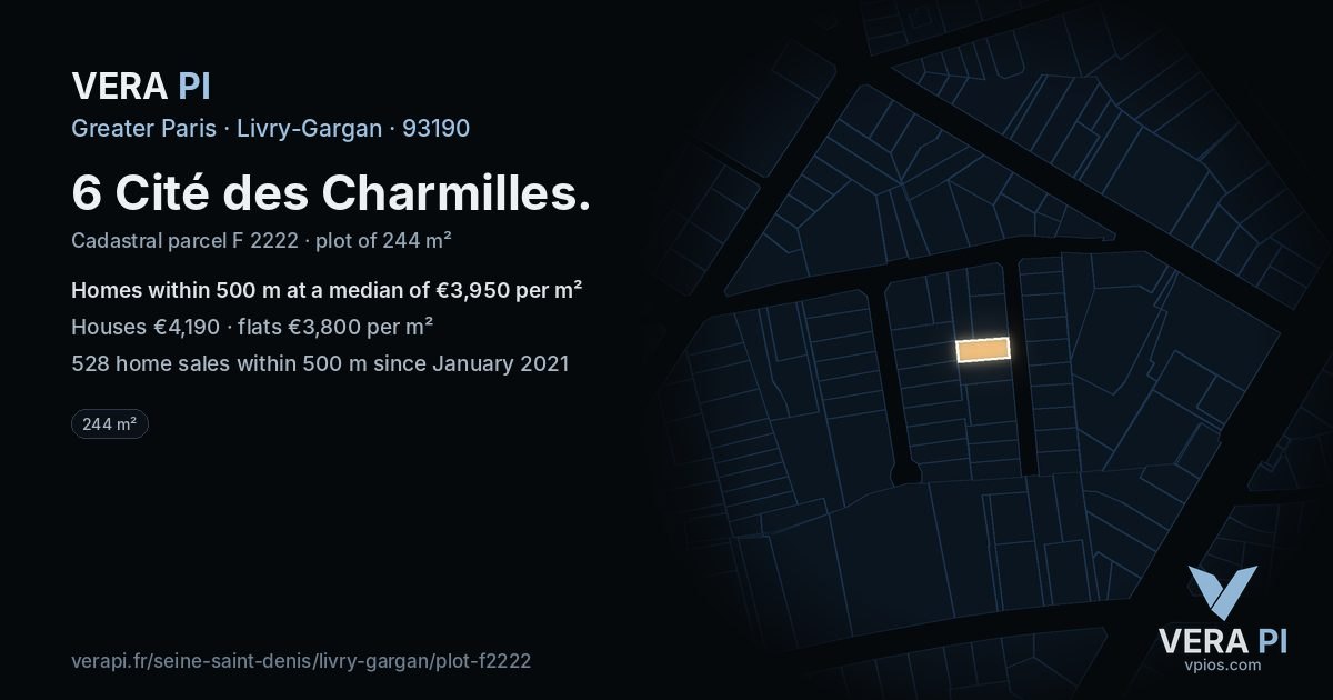 6 Cité des Charmilles, Livry-Gargan at night – the plot lit, the parcels around coloured by the prices near them