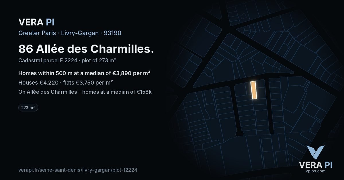 86 Allée des Charmilles, Livry-Gargan at night – the plot lit, the parcels around coloured by the prices near them