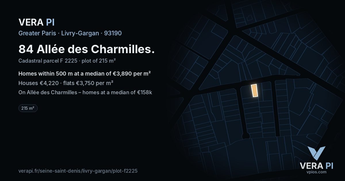 84 Allée des Charmilles, Livry-Gargan at night – the plot lit, the parcels around coloured by the prices near them