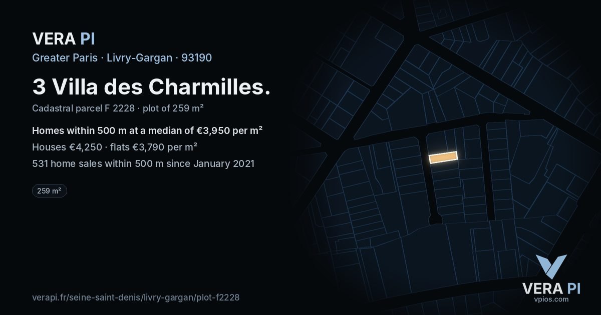 3 Villa des Charmilles, Livry-Gargan at night – the plot lit, the parcels around coloured by the prices near them