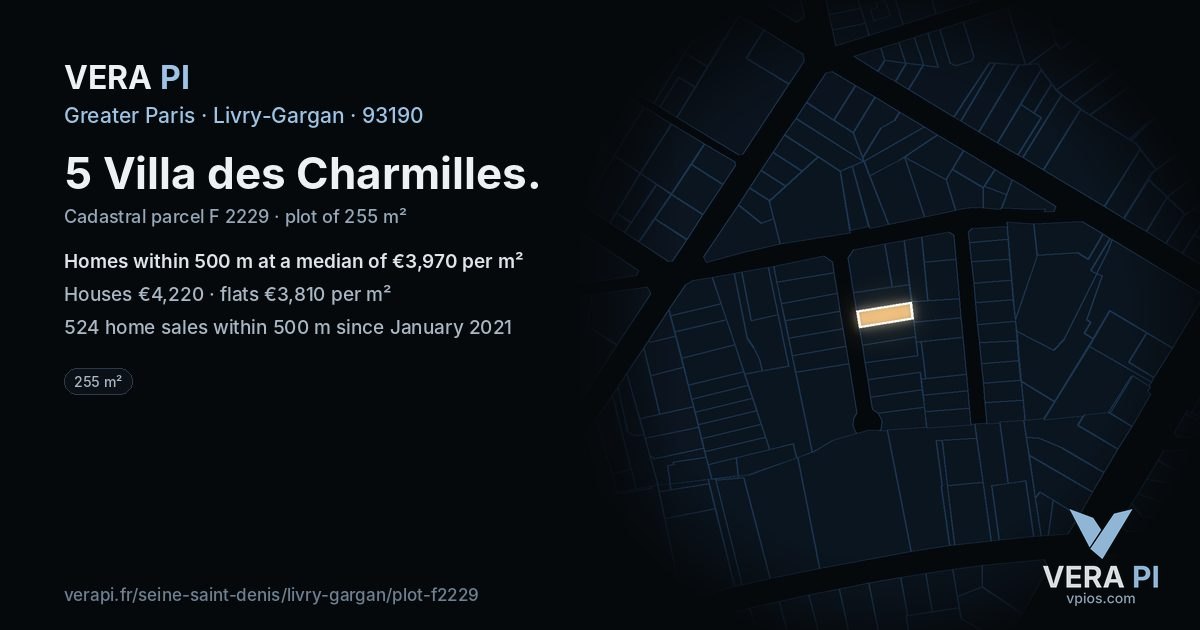 5 Villa des Charmilles, Livry-Gargan at night – the plot lit, the parcels around coloured by the prices near them